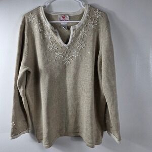 Quaker Factory Women's Snowflake Beaded‎ Embellished Sweater Top Beige 1X